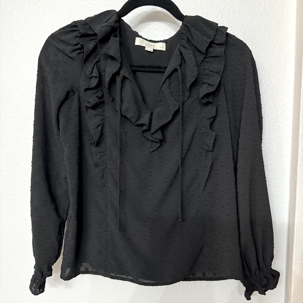 Loft black tie-front long-sleeve ruffle top